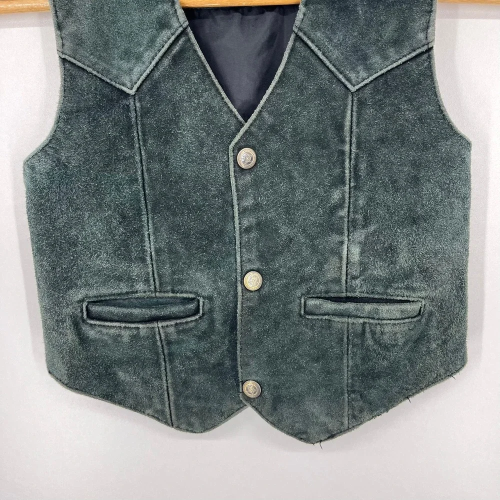 Scully Kids Green Suede Leather Western Vest Silver Tone Button Snap Size S